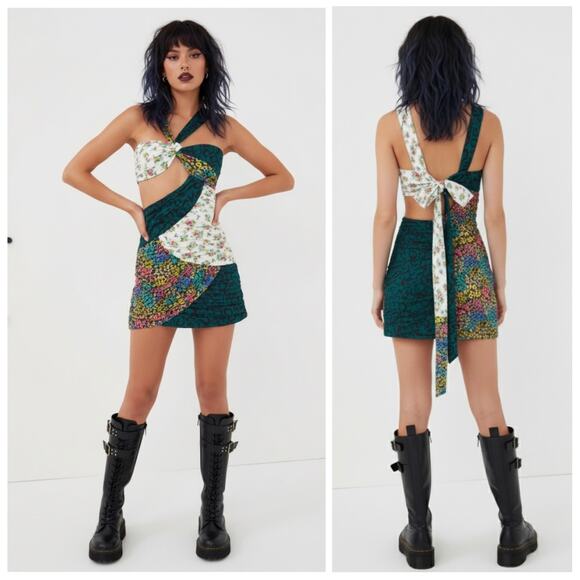 For Love & Lemons NWT Darlene Green Floral Colorblock Cut-Out Mini Dress Large - Picture 1 of 14